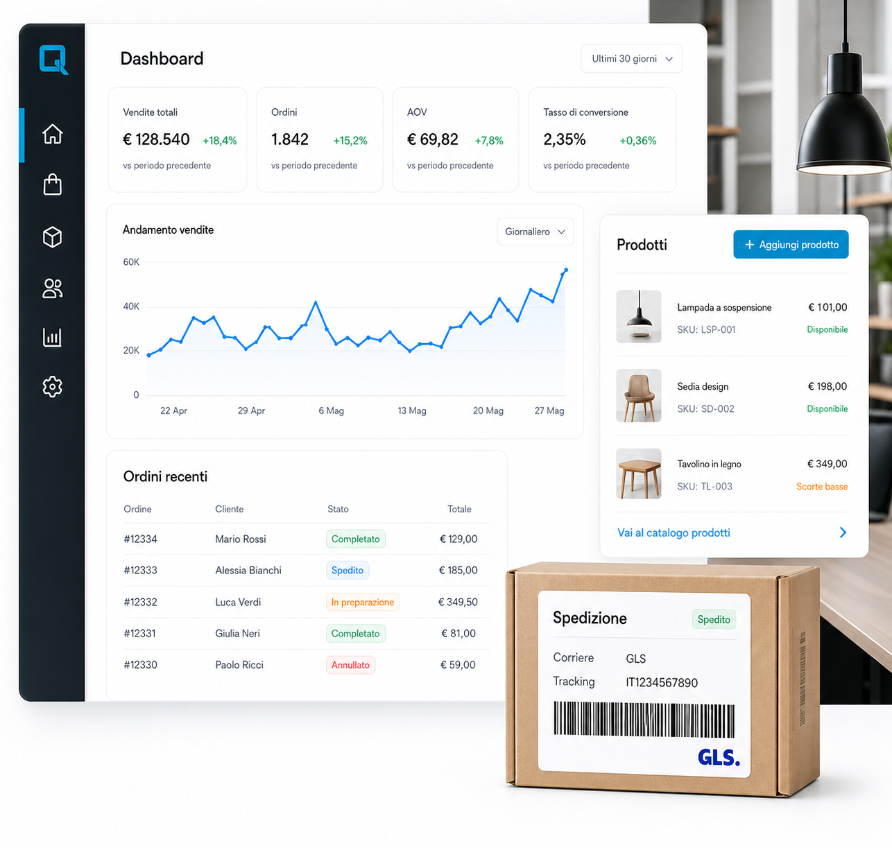 Dashboard e-commerce avec commandes, produits, expeditions et integrations